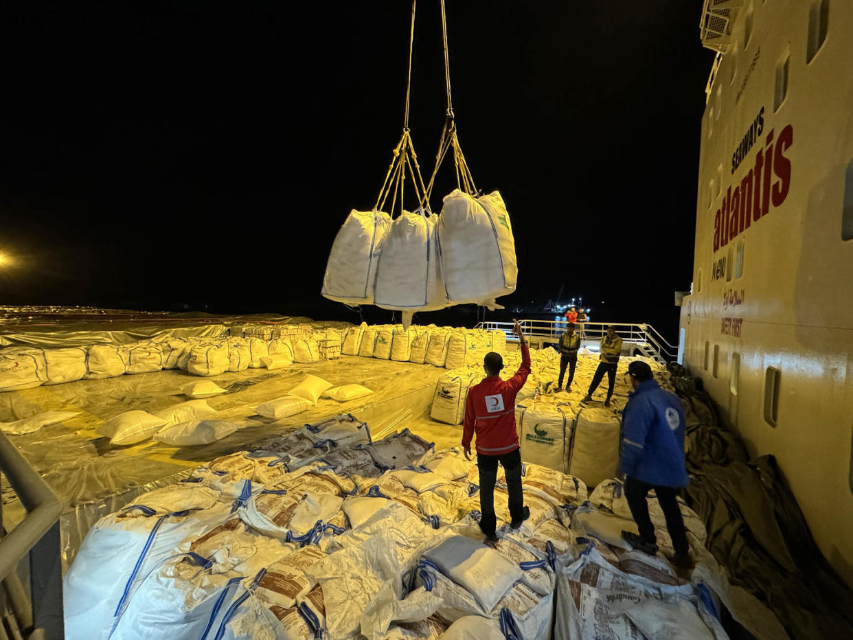 9th humanitarian aid ship sent from Turkiye unloads in Egypt's Al Arish port (Esber Ayaydin / Anadolu via Getty Images)