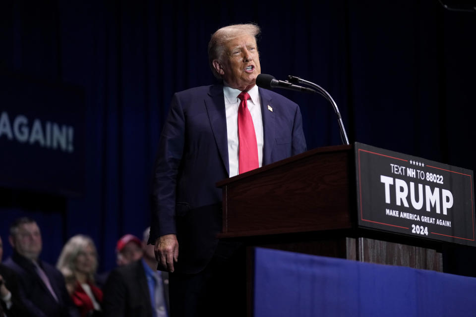 FILE - Former President Donald Trump addresses an audience during a campaign event, Monday, Oct. 9, 2023, in Wolfeboro, N.H. The Republican Party’s White House hopefuls are offering conflicting messages on the growing foreign policy challenges. A presidential election that has long been centered on domestic kitchen-table issues is suddenly shifting its focus abroad with the Israel-Hamas war. (AP Photo/Steven Senne, File)