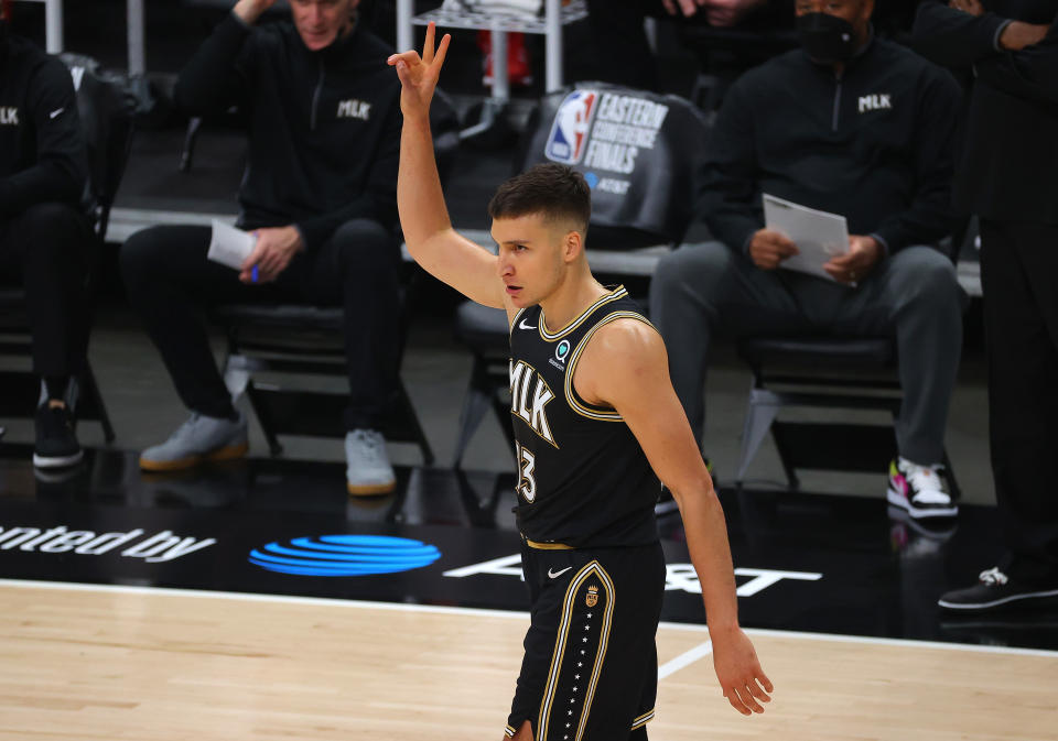 The Hawks evened the Eastern Conference finals at two games apiece behind 20 points from Bogdan Bogdanovic. (Kevin C. Cox/Getty Images)