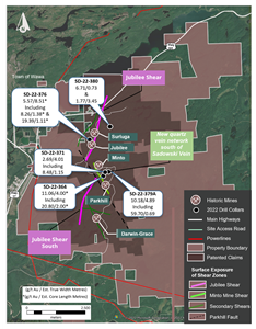 Plan Map of the Wawa Gold Property with Drilling Results