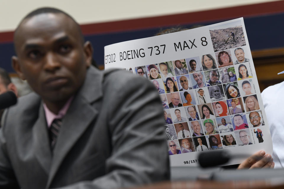 Paul Njoroge testifies during a House Transportation subcommittee hearing on Capitol Hill in Washington, Wednesday, July 17, 2019, on aviation safety. Njoroge lost his wife and three young children on Ethiopian Airlines Flight 302. The plane was a Boeing 737 MAX. (AP Photo/Susan Walsh)