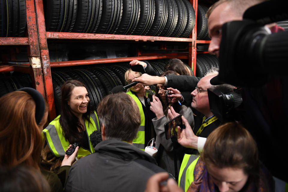 Company administrator Paige Hood, 25, is surrounded by media after she challenged Prime Minister Boris Johnson over the Tories� use of an attack website to make it harder for people to find the Labour manifesto on Google, during his visit to Fergusons Transport in Washington, Tyne & Wear, while on the General Election campaign trail.