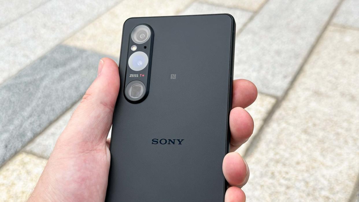  The Sony Xperia 1 V in hand from the back. 