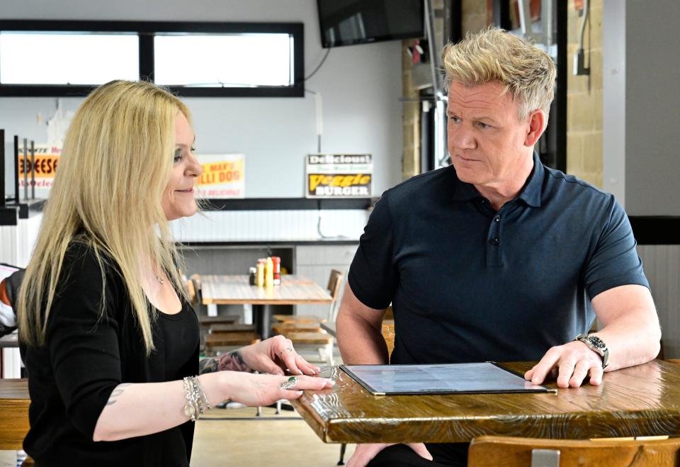 Gordon Ramsay and Jennifer Maybaum, owner of Max's Bar & Grill in Long Branch, during the taping of an episode of "Kitchen Nightmares" in June 2023.