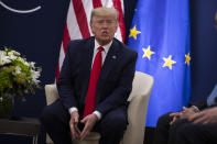 President Donald Trump speaks to reporters about impeachment during a meeting European Commission President Ursula von Der Leyen at the World Economic Forum, Tuesday, Jan. 21, 2020, in Davos, Switzerland. (AP Photo/ Evan Vucci)
