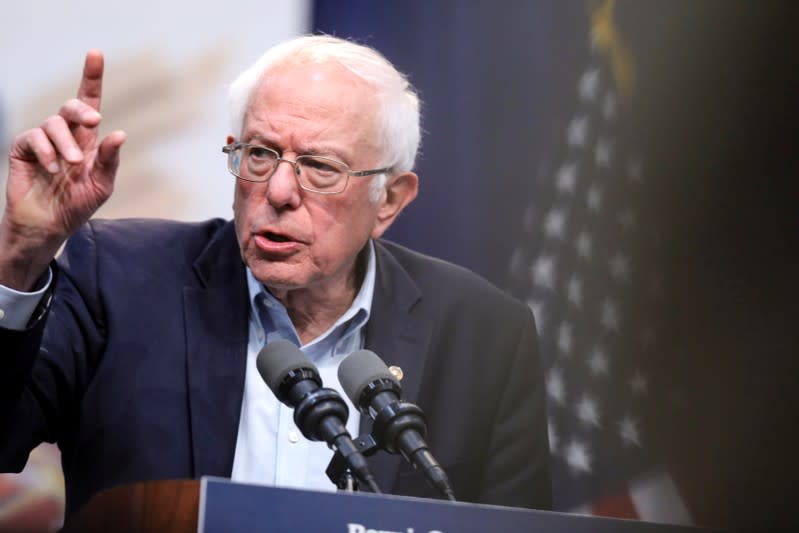 FILE PHOTO: Democratic 2020 U.S. presidential candidate Senator Bernie Sanders speaks during a Climate Crisis Summit with Rep. Alexandria Ocasio-Cortez at Drake University in Des Moines