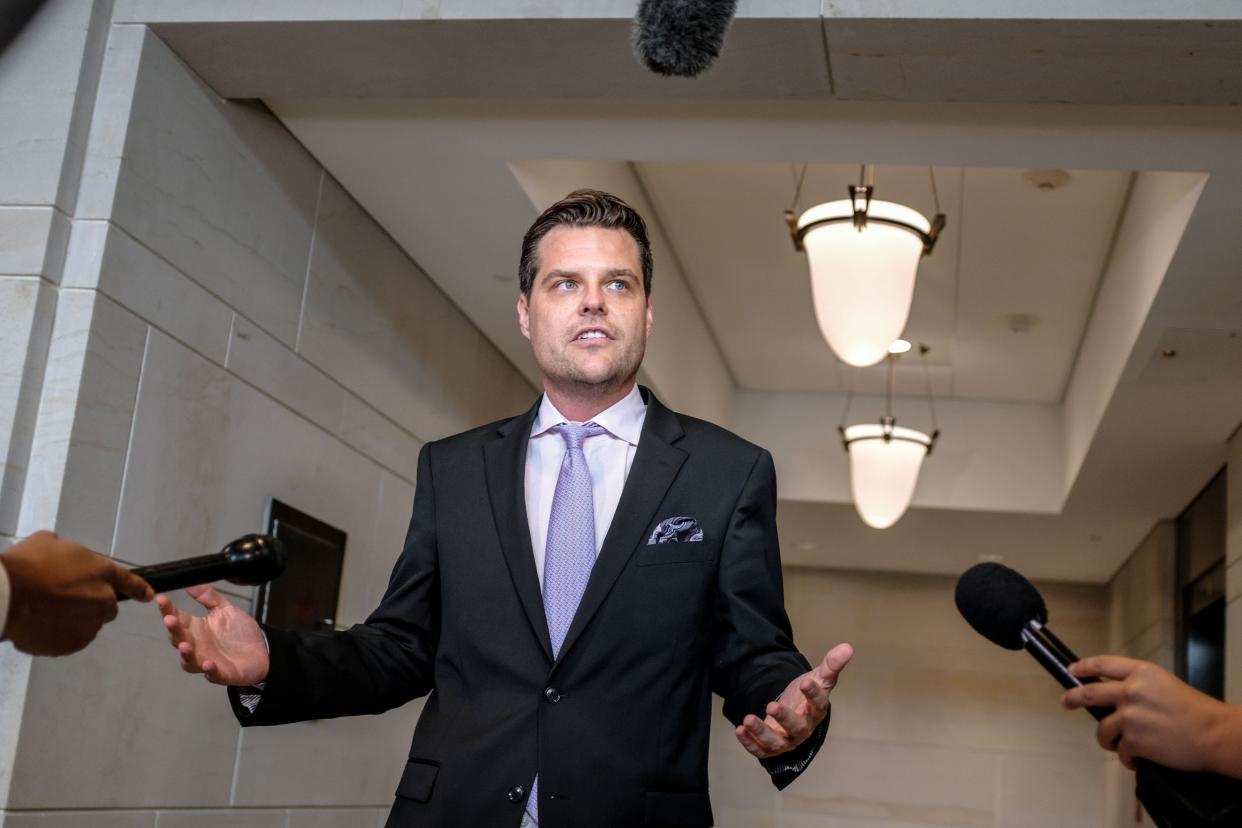 Republican congressman Matt Gaetz speaking to reporters after being excluded from Fiona Hill's testimony to impeachment committees: Getty Images