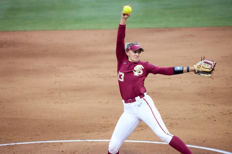 Florida State softball pitcher Mack Leonard pitches the ball against Georgia during the 2023 Tallahassee Super Regional on Friday, May 26, 2023.