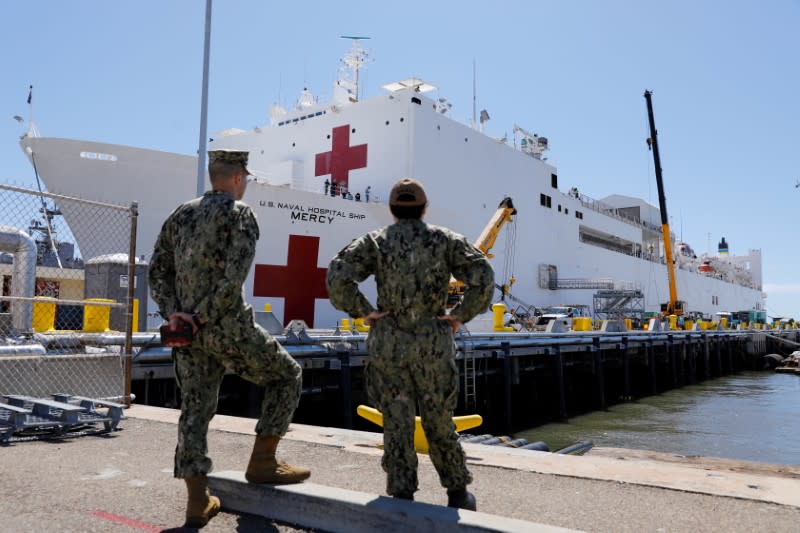 The USNS Mercy, a Navy hospital ship, departs the Naval Station San Diego