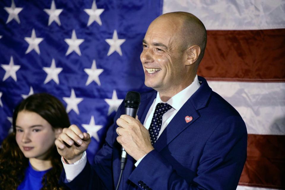 Greg Landsman speaks at his election night party at the Queen City Exchange after winning the 1st Congressional District seat against Steve Chabot on Tuesday, November 8, 2022. 