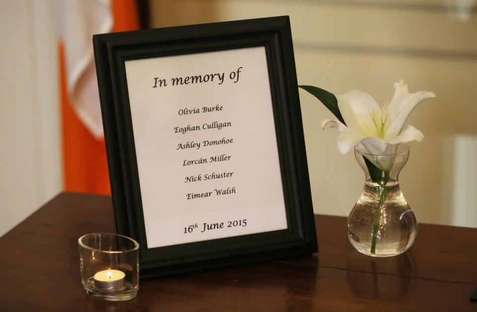 A list of the names of the victims beside a book of condolence at Mansion House in Dublin opened in memory of those killed in the Berkeley balcony collapse (Niall Carson/PA) (PA Archive)