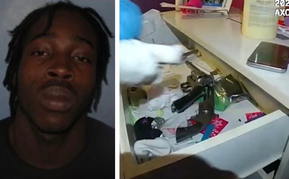 Danny Butler, 44, and three handguns discovered in girls' clothes drawer in Tulse Hill.  (Metropolitan Police)