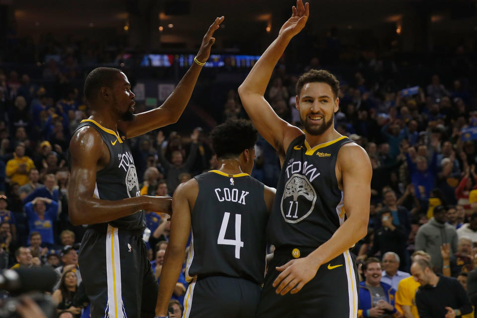 NBA 2K20 will exist in an alternate reality where Kevin Durant and Klay Thompson are healthy. (Getty)