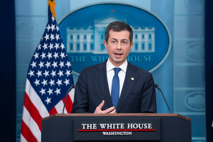 FILE - Transportation Secretary Pete Buttigieg speaks during a press briefing at the White House, March 27, 2024, in Washington. New vehicles sold in the U.S. will have to average about 38 miles per gallon of gasoline in 2031 in real world driving, up from about 29 mpg this year, under new federal rules unveiled Friday, June 7, 2024, by the Biden administration. "Not only will these new standards save Americans money at the pump every time they fill up, they will also decrease harmful pollution and make America less reliant on foreign oil," Buttigieg said. (AP Photo/Evan Vucci, File)