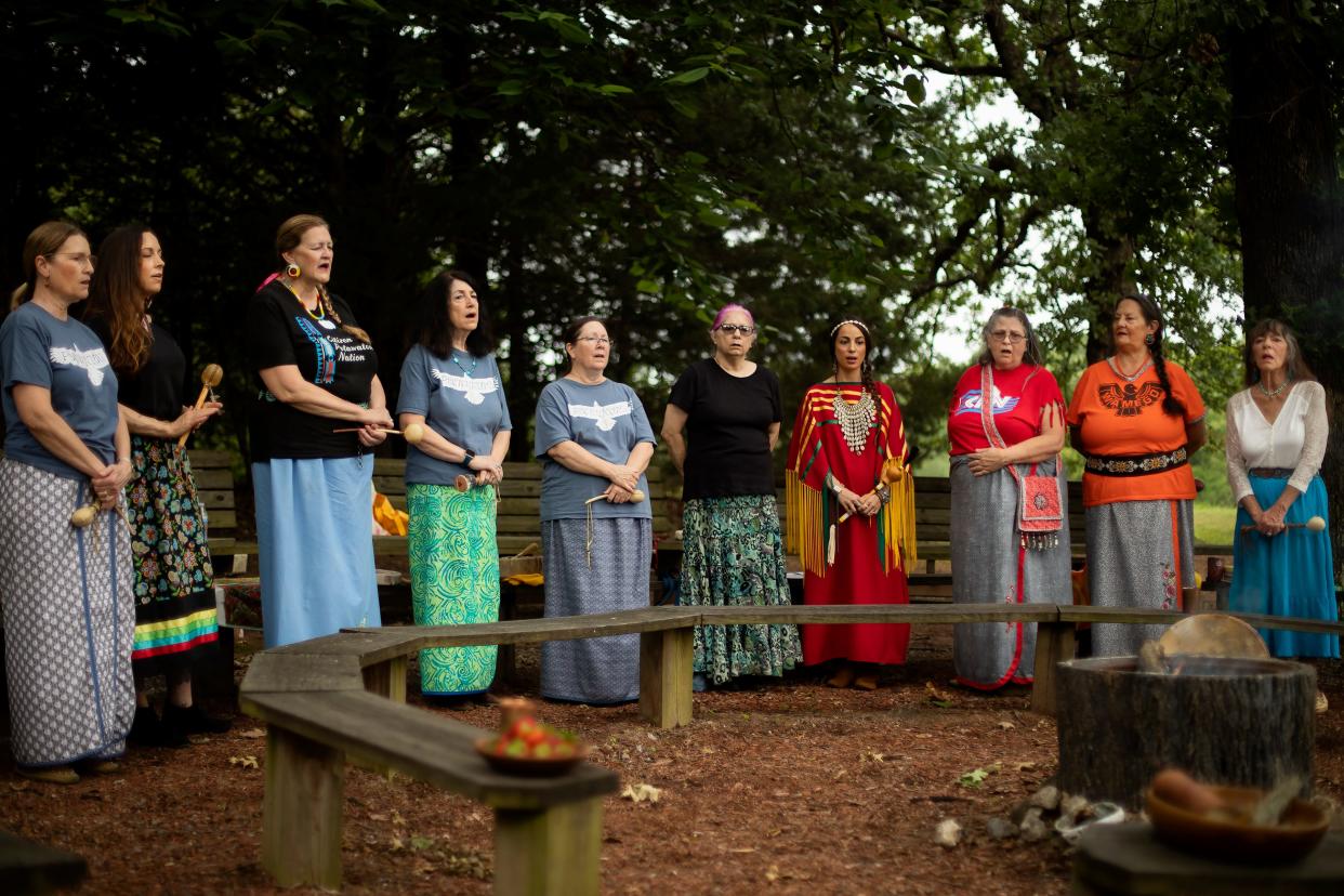 A women’s drum group called De’Wegen Kwek (Our Women’s Drum) are seen during a virtual festival in 2021.