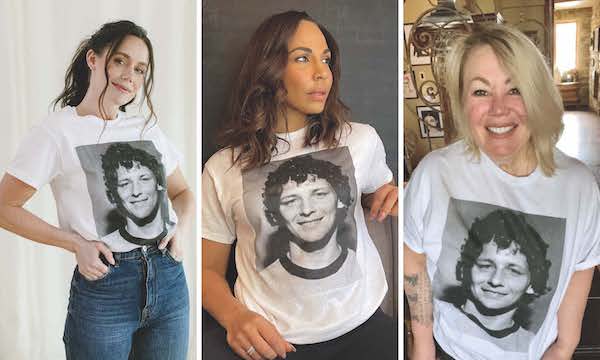 Tessa Virtue, Amanda Brugel and Jann Arden wearing the Terry Fox Run campaign T-shirt