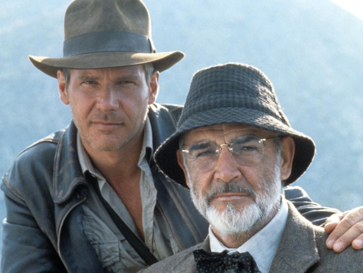 Harrison Ford and Sean Connery on set of the film 'Indiana Jones And The Last Crusade', 1989.