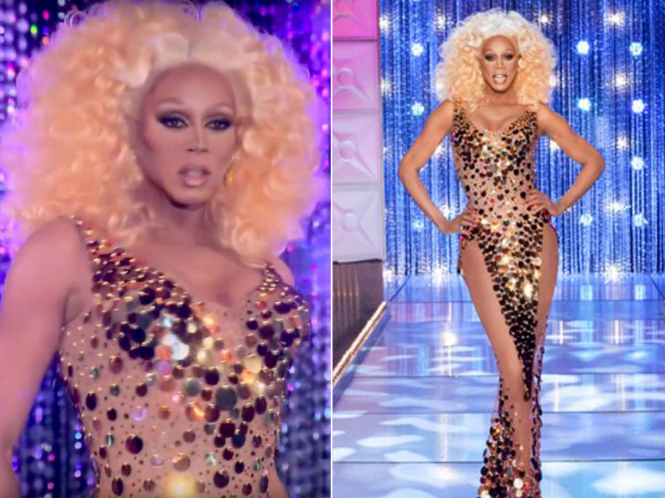 <p>Upon first glance, you'd think this prancing queen's high-cut, floor-length, golden nude illusion gown can't get any better — until Ru rips the bottom part away to reveal a sexy shorter hem. Has any gown ever had a better day-to-night transition?</p>