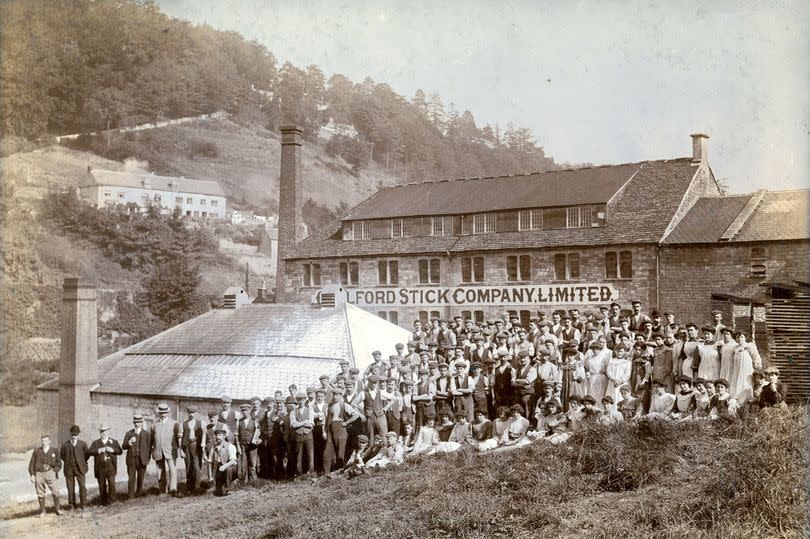 The workforce of St Mary's Mill in about 1910, whern the mill was making walking sticks