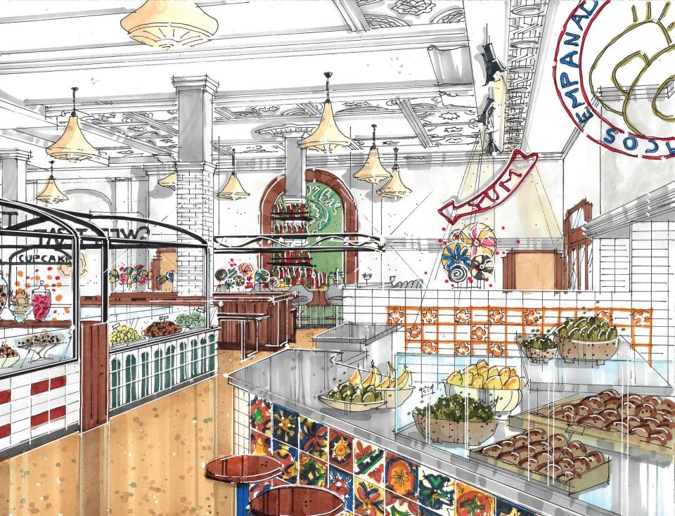 Rendering of main view of planned food hall in Kress Building.