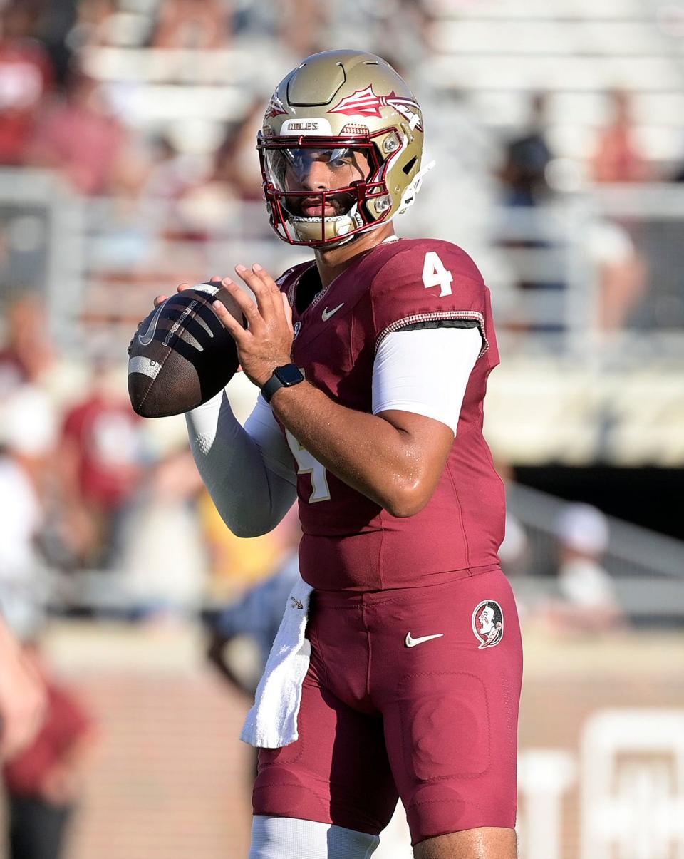 Sep 2, 2024; Tallahassee, Florida, USA; Florida State Seminoles quarterback DJ Uiagalelei (4) before the game agasint the Boston College Eagles at Doak S. Campbell Stadium.