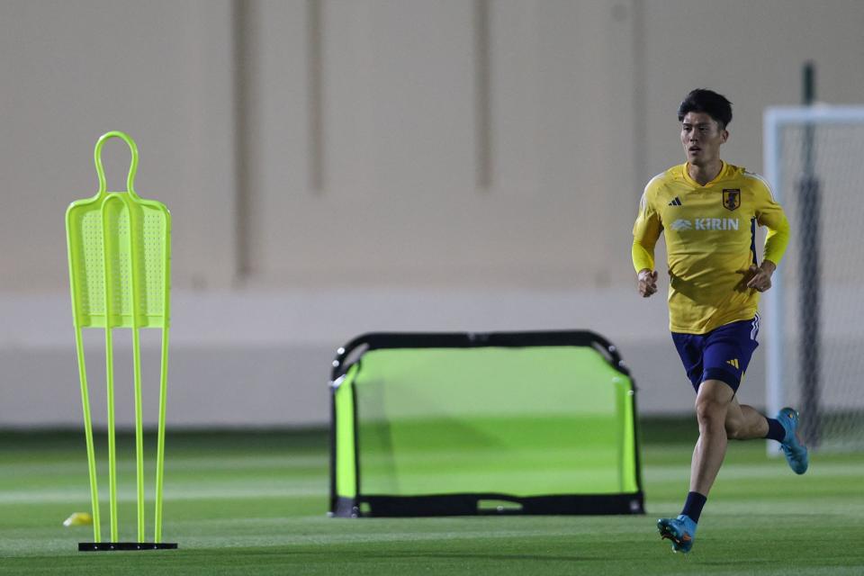 Japan's Takehiro Tomiyasu attends a training session in Al Sadd SC in Doha on November 14, 2022, ahead of the Qatar 2022 World Cup football tournament. (Photo by Adrian DENNIS / AFP) (Photo by ADRIAN DENNIS/AFP via Getty Images)