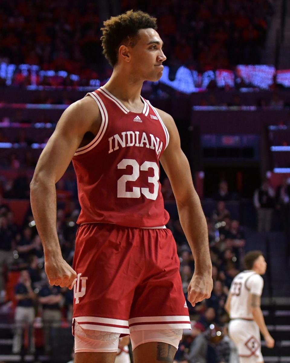 Jan 19, 2023; Champaign, Illinois, USA;  Indiana Hoosiers forward Trayce Jackson-Davis (23) reacts after scoring during the first half against the Illinois Fighting Illini at State Farm Center. Mandatory Credit: Ron Johnson-USA TODAY Sports