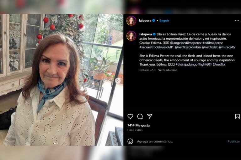 Monica Lopera compartió una imagen de la mujer que se convirtió en la heroína de aquel temible momento del secuestro en el aire (Foto Instagram @lalopera)