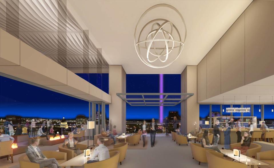 A rendering shows sweeping views of downtown Sacramento from a bar and restaurant on the rooftop of the proposed 28-story hotel tower adjacent to the convention center at the corner of 15th and K streets.