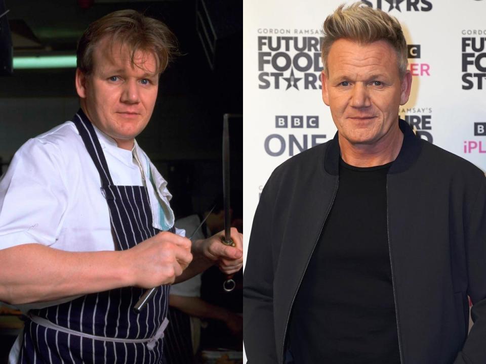 On the left, Gordan Ramsay in a white shirt and striped apron. On the right, him in a black bomber jacket.