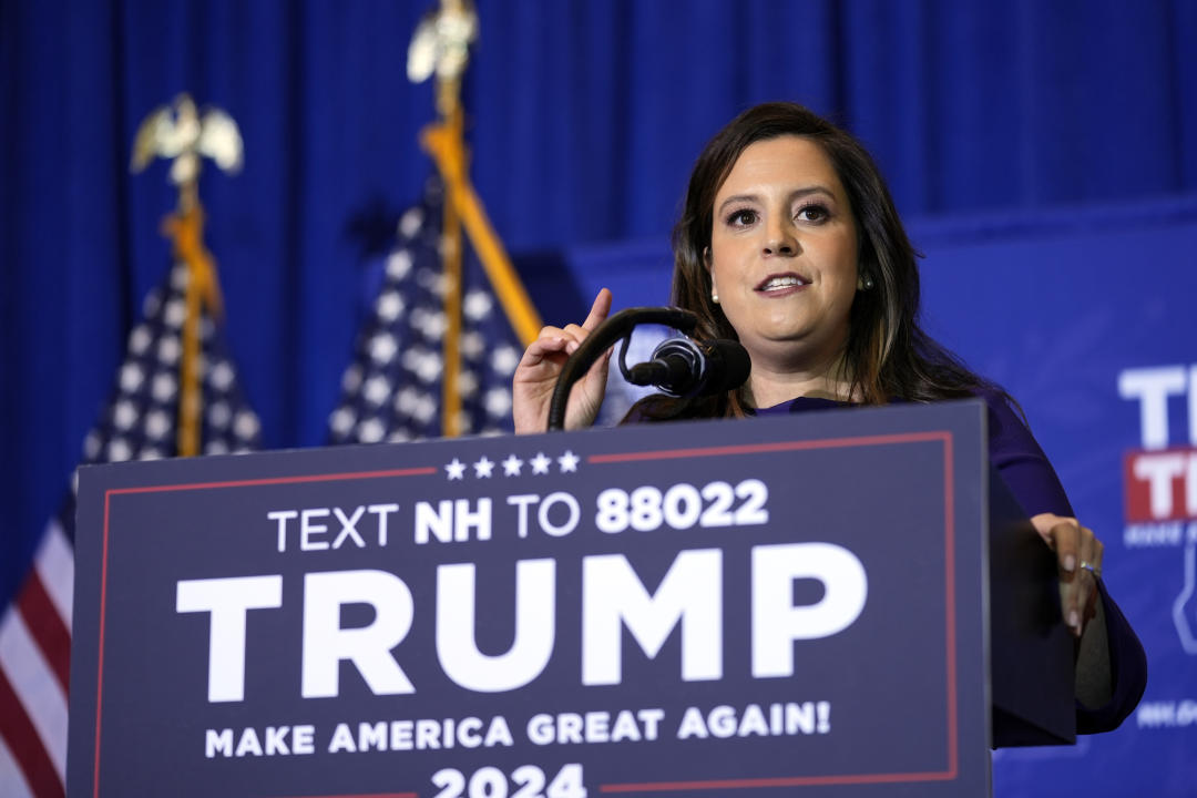Stefanik speaks at a Trump rally in Concord on Friday.