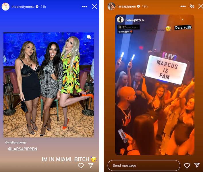 A split of Erika Jayne, Melissa Gorga, and Larsa Pippen at a night club in Miami.