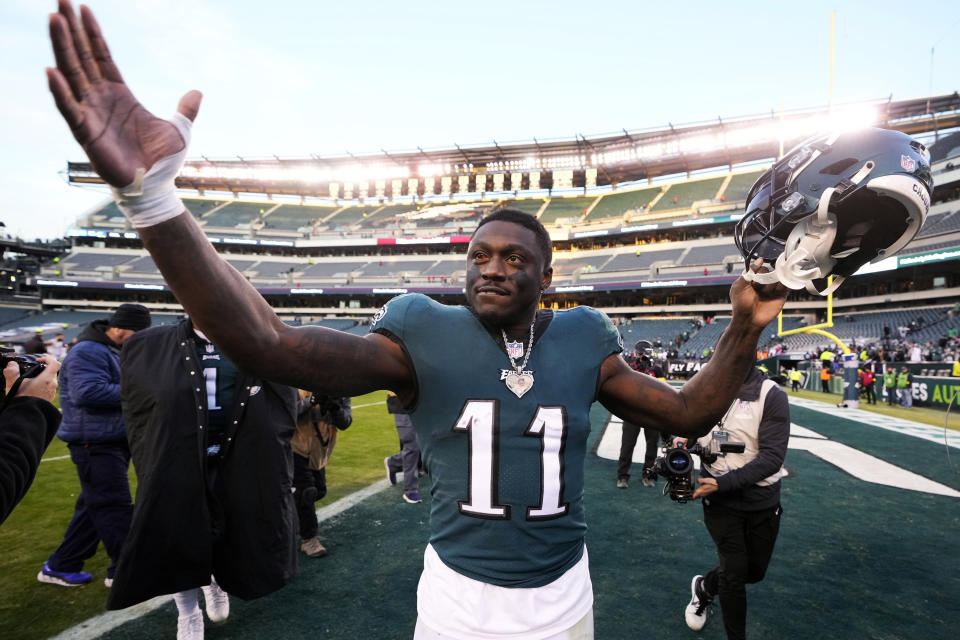 Philadelphia Eagles' A.J. Brown celebrates as he leaves the field after defeating the Tennessee Titans in an NFL football game, Sunday, Dec. 4, 2022, in Philadelphia. (AP Photo/Matt Rourke)