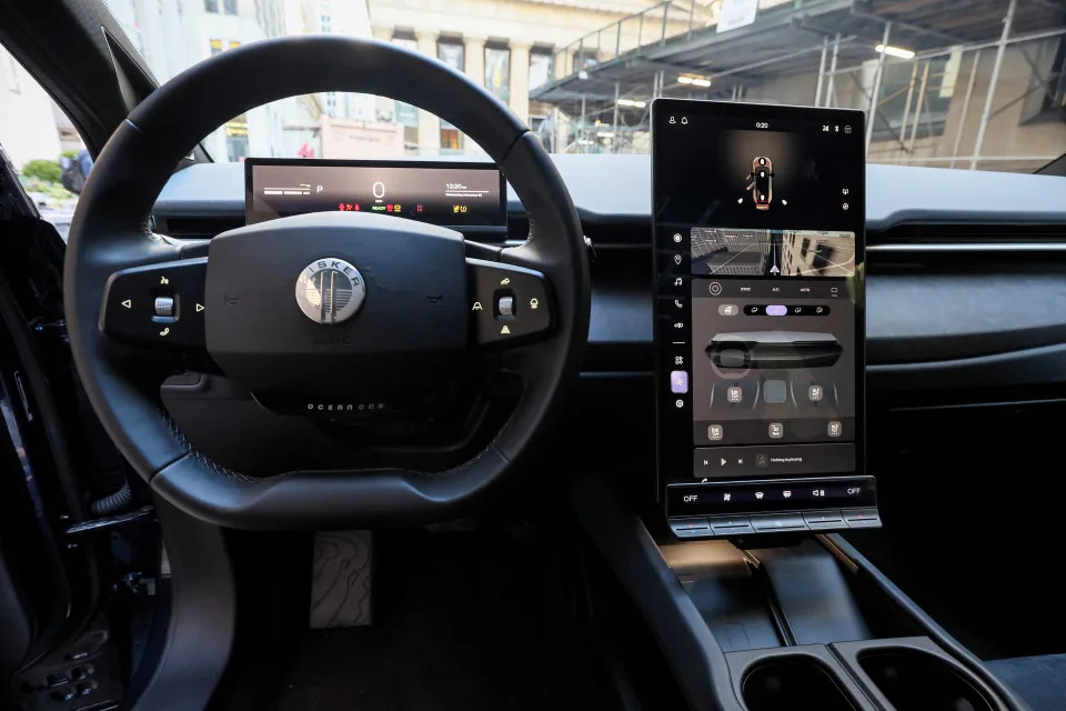 The interior of a Fisker Ocean is displayed during an event outside the New York Stock Exchange (NYSE) in New York City, U.S., November 22, 2022. REUTERS/Brendan McDermid