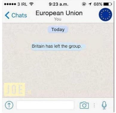 Y así fue como se vio la salida de Gran Bretaña en la versión en inglés del Grupo de WhatsApp de  la Unión Europea.