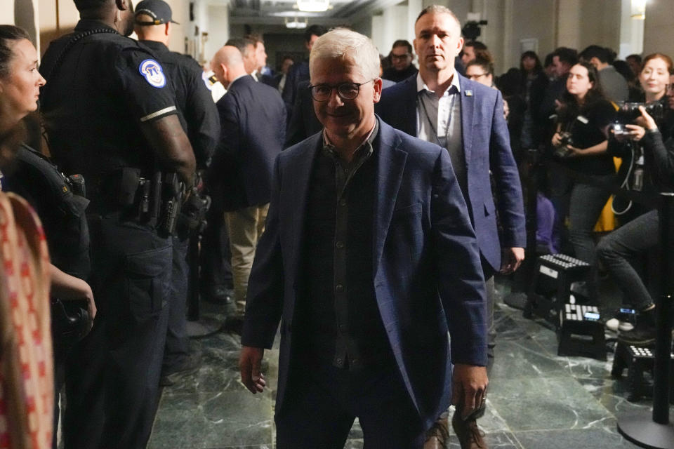 Temporary House Speaker Rep. Patrick McHenry, R-N.C., arrives as Republicans meet to decide who to nominate to be the new House speaker, on Capitol Hill in Washington, Monday, Oct. 23, 2023. (AP Photo/Alex Brandon)