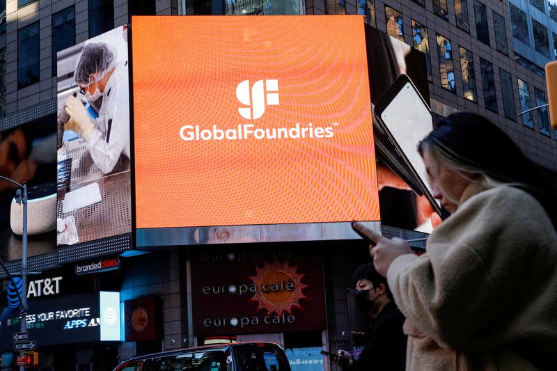 FILE PHOTO: Screen displays the company logo for semiconductor and chip maker, GlobalFoundries Inc. during the company's IPO at the Nasdaq MarketSite in Times Square in New York