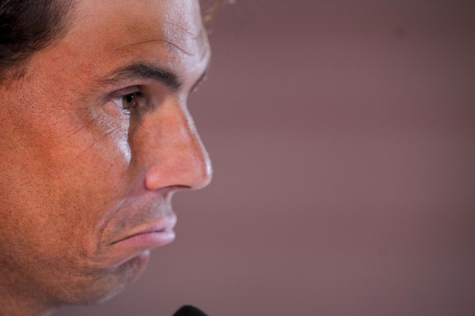 Spanish tennis player Rafael Nadal gives a press conference at the Mutua Madrid Open tennis tournament in Madrid, Wednesday, April 24, 2024. (AP Photo/Manu Fernandez)