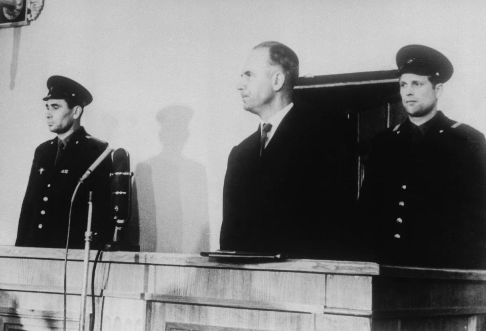 Oleg Penkovsky stands in the dock at his espionage trial in Moscow in 1963.