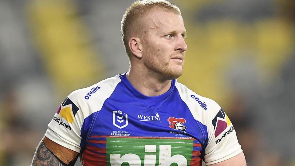 Knights star Mitch Barnett is likely facing a lengthy stint on the sidelines after a high shot on Penrith's Chris Smith on Saturday. (Photo by Ian Hitchcock/Getty Images)