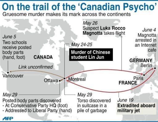 Graphic showing key locations on the trail of Luka Rocca Magnotta, accused of slaying and dismembering a Chinese student in Montreal last month