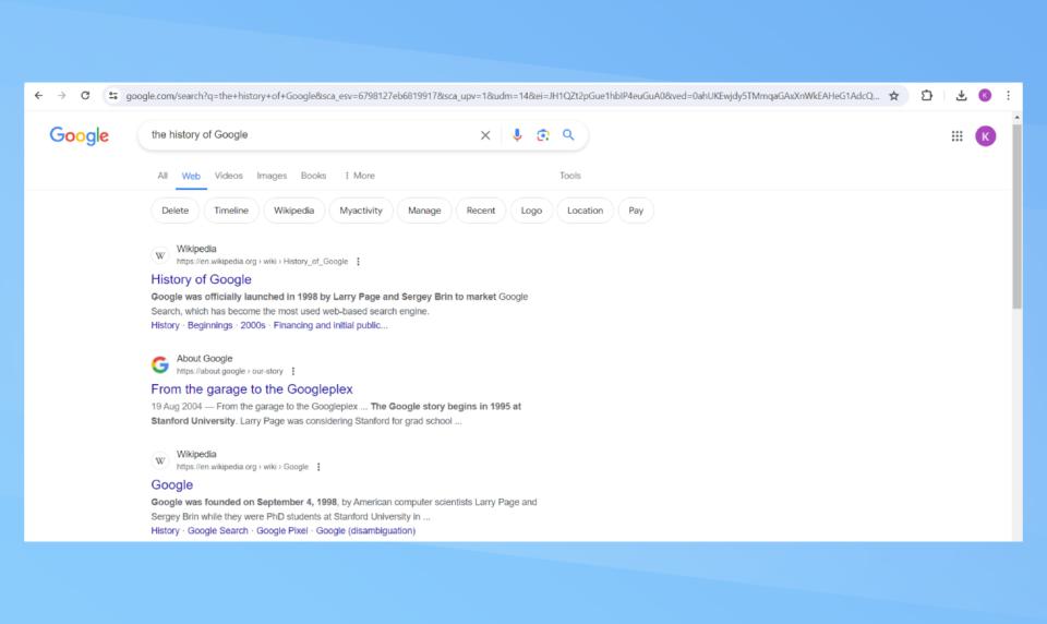 A screenshot of the web filter applied to Google Chrome. 'The history of Google' has been searched to show how the updated browser. 