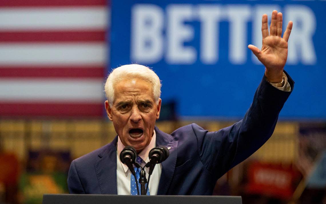 Charlie Crist, who is running against Ron DeSantis for Florida Governor, speaks during a political rally at Florida Memorial University on Tuesday, Nov. 1, 2022, in Miami Gardens, Fla. The rally was held in anticipation of the Nov. 8th elections.