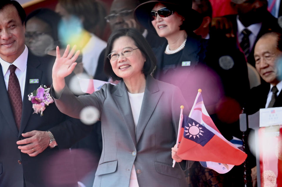 Taiwan President Tsai Ing-Wen waves during National Day celebrations in front of the Presidential Palace in Taipei on October 10, 2019. - President Tsai Ing-wen pledged October 10 to defend Taiwan's sovereignty, calling it the "overwhelming consensus" among Taiwanese people to reject a model that Beijing has used to rule the now strife-torn Hong Kong. (Photo by Sam YEH / AFP) (Photo by SAM YEH/AFP via Getty Images)
