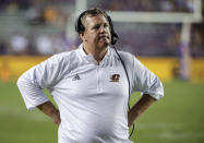 Central Michigan coach Jim McElwain watches from the sideline during the second half of the team's NCAA college football game against LSU in Baton Rouge, La,. Saturday, Sept. 18, 2021. (AP Photo/Derick Hingle)