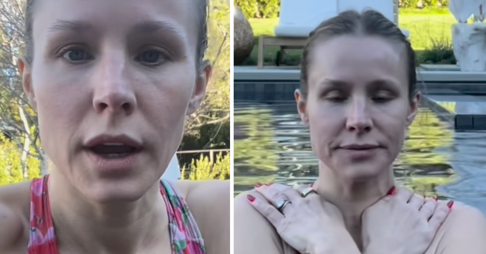 Kristen Bell closes her eyes as she submerges herself in a cold pool.