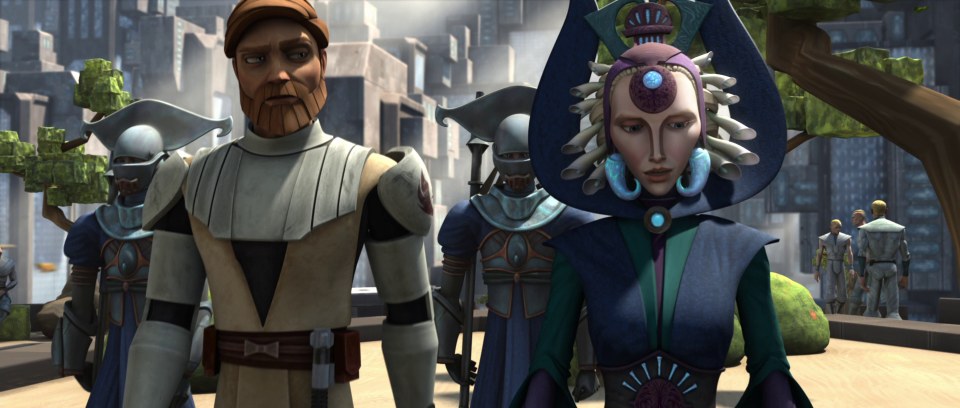 Obi-Wan Kenobi walks with Duchess Satine on Star Wars: The Clone Wars