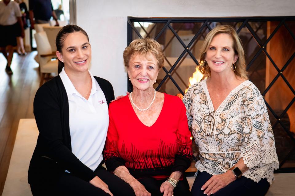 Sarah Higuera, Betty Brady (widow of tournament namesake Quinn Brady) and Deanna Higuera pose at the 2024 Quinn Brady Memorial Swing Against Cancer, held April 8, 2024, in La Quinta, Calif.