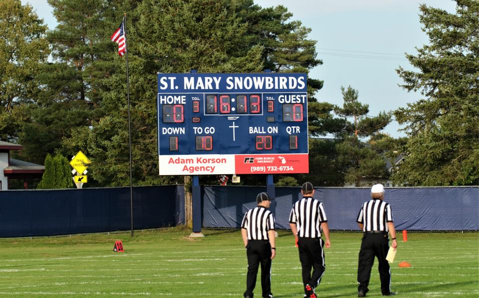 Action from the pregame festivities of Gaylord St. Mary's first home game at its new football field on Friday, Sept. 15 in Gaylord, Mich.