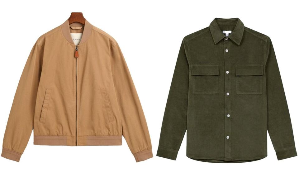 Lightweight Bomber Jacket, £230, Gant;  Colins Corduroy oversized shirt, £68, Reiss